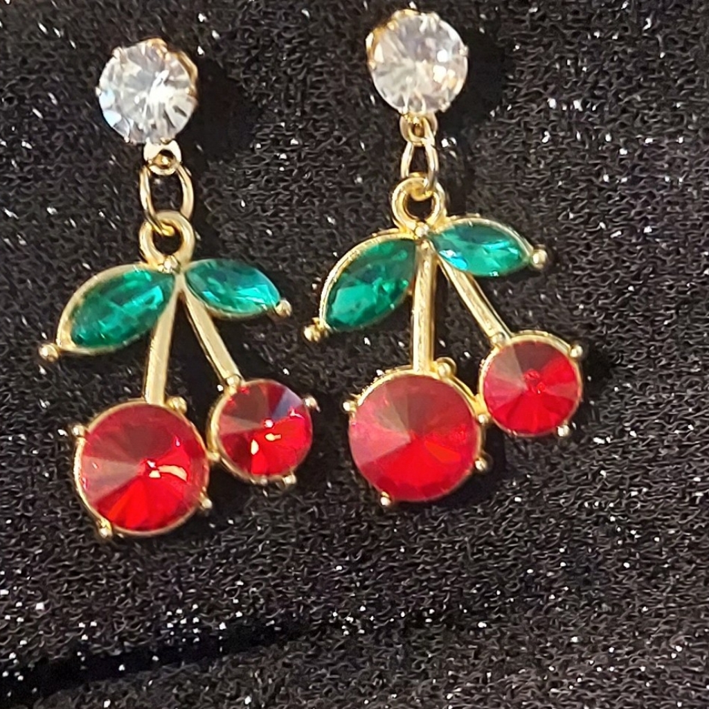 Rhinestone Gold Tone Cherry Pierced Earrings With Red & Green Crystals New